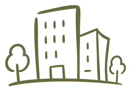 A hand-drawn illustration of two office buildings with trees beside them