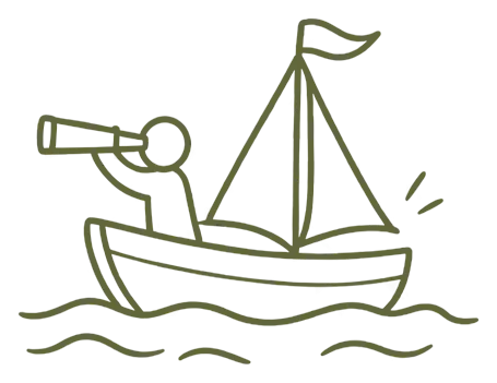 A hand-drawn illustration of a figure in a small sailboat looking through a telescope