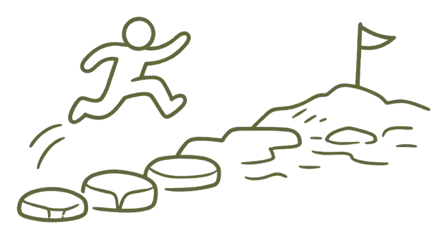 A hand-drawn illustration of a figure leaping across stepping stones toward a flag on a hill