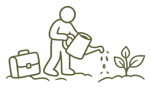 A hand-drawn illustration of a figure who has set down a briefcase to water a small growing plant