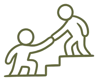 A hand-drawn illustration of one figure helping another up a set of stairs