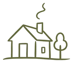 A hand-drawn illustration of a small house with smoke rising from the chimney and a tree beside it