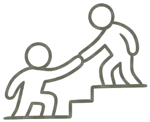 A hand-drawn illustration of one figure helping another up a set of stairs