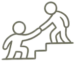 A hand-drawn illustration of one figure helping another up a set of stairs
