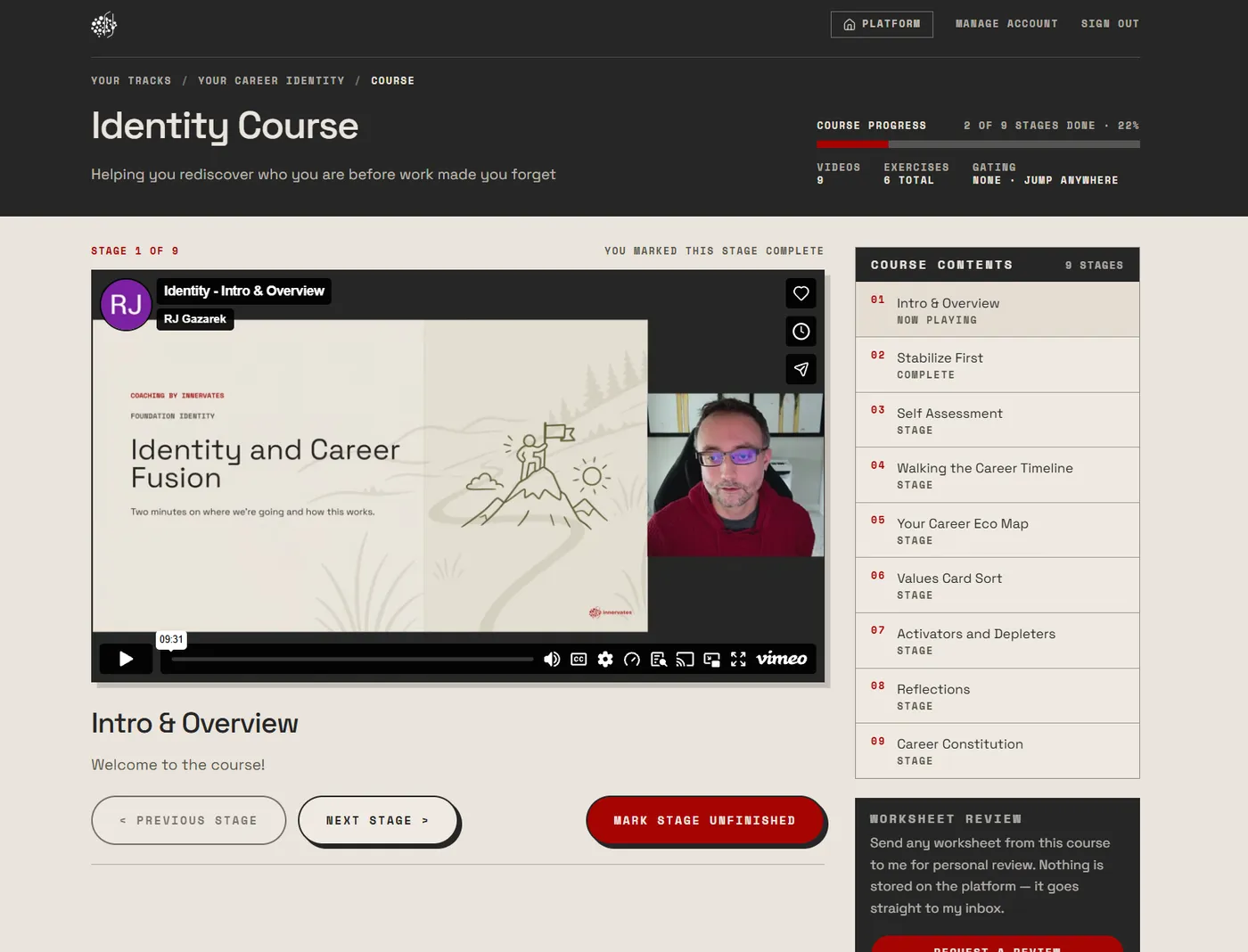 The Innervates platform showing the Identity Course: a video lesson, its stage list, and progress tracking